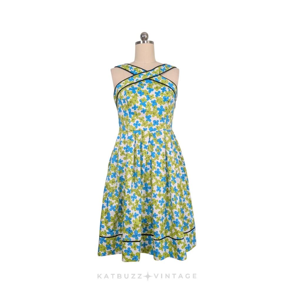 Vintage Floral Dress 12 Blue Green Y2K Retro Fit Flare Knee Midi Church Preppy